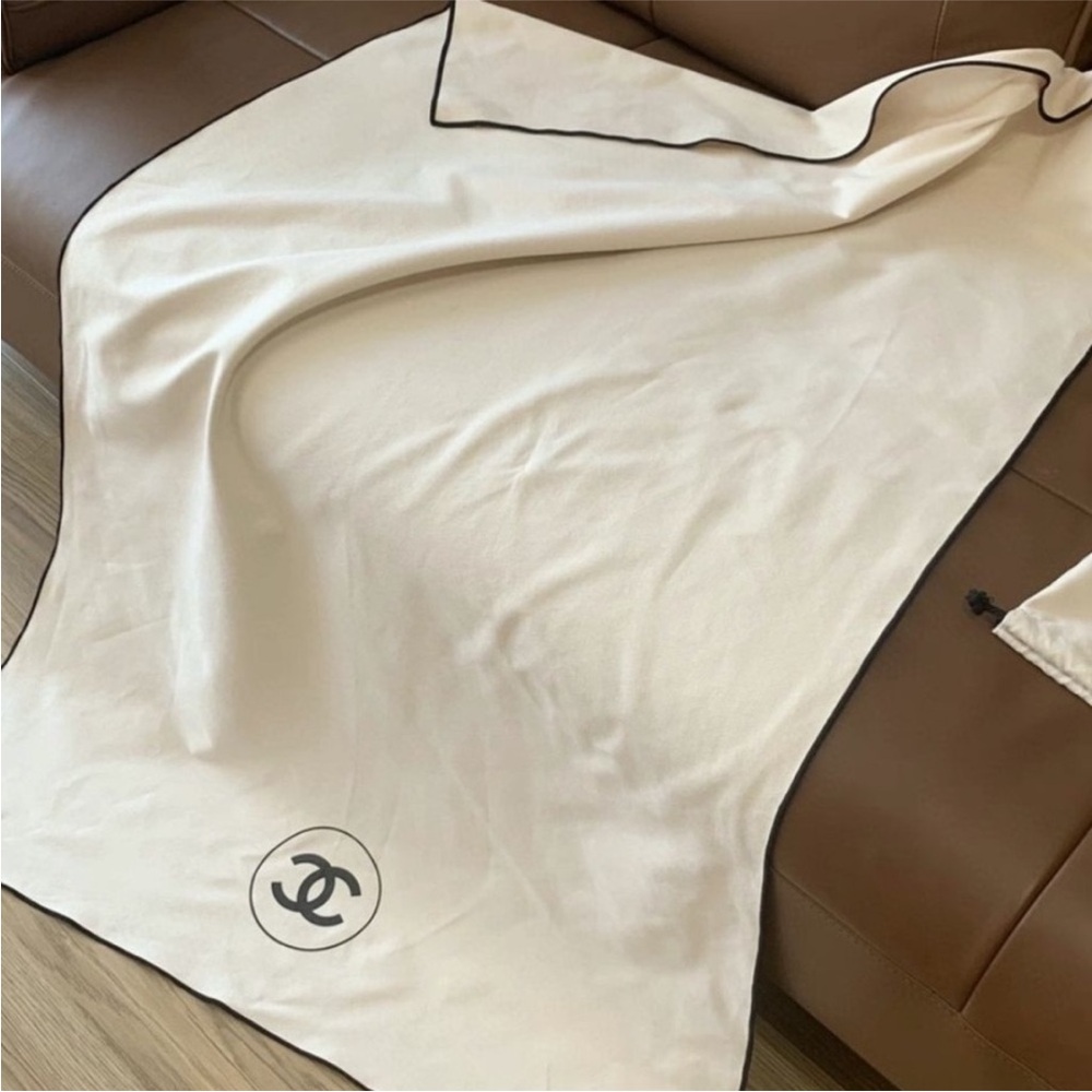 CHANEL Cream Scarf with Black Logo and Trim